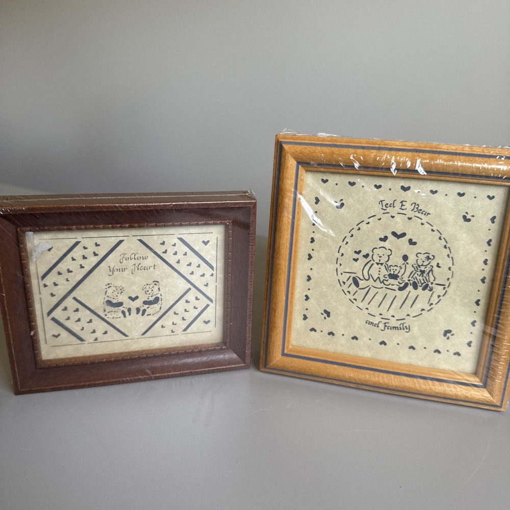 1990 Lot Of 2 Vintage Mini Wood Framed Scissor Cutting Quotes Bears Cottagecore